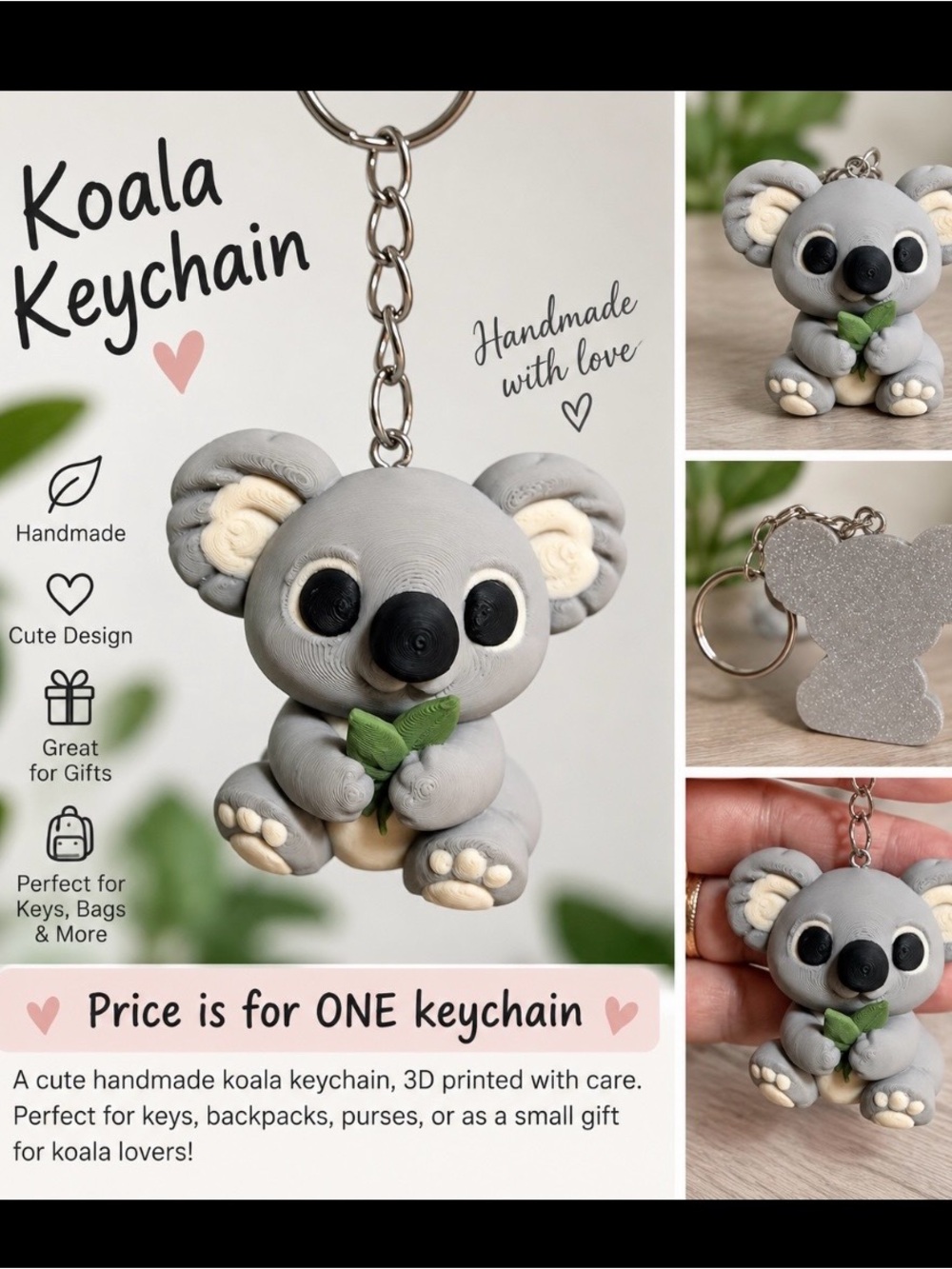 Handmade 3D Printed Koala Keychain – Cute Koala Bear Bag Charm